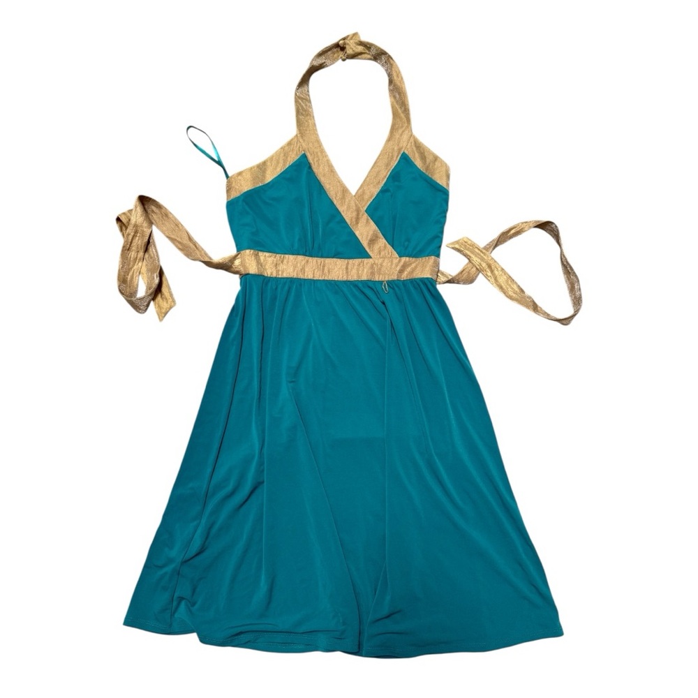 BCBG Teal and Gold Midi Cocktail Halter Y2K Dress